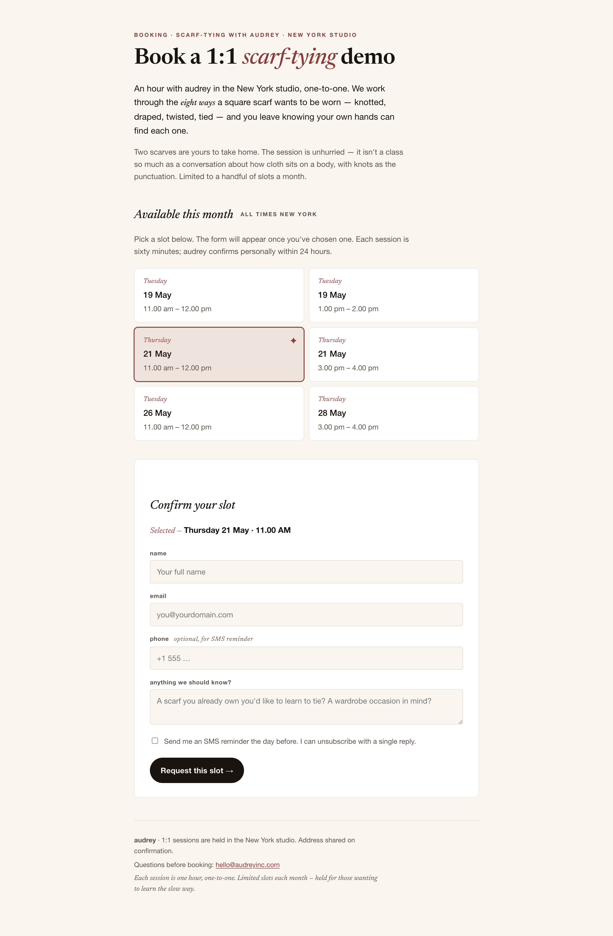 click for full size audrey booking form — slot selected, form revealed