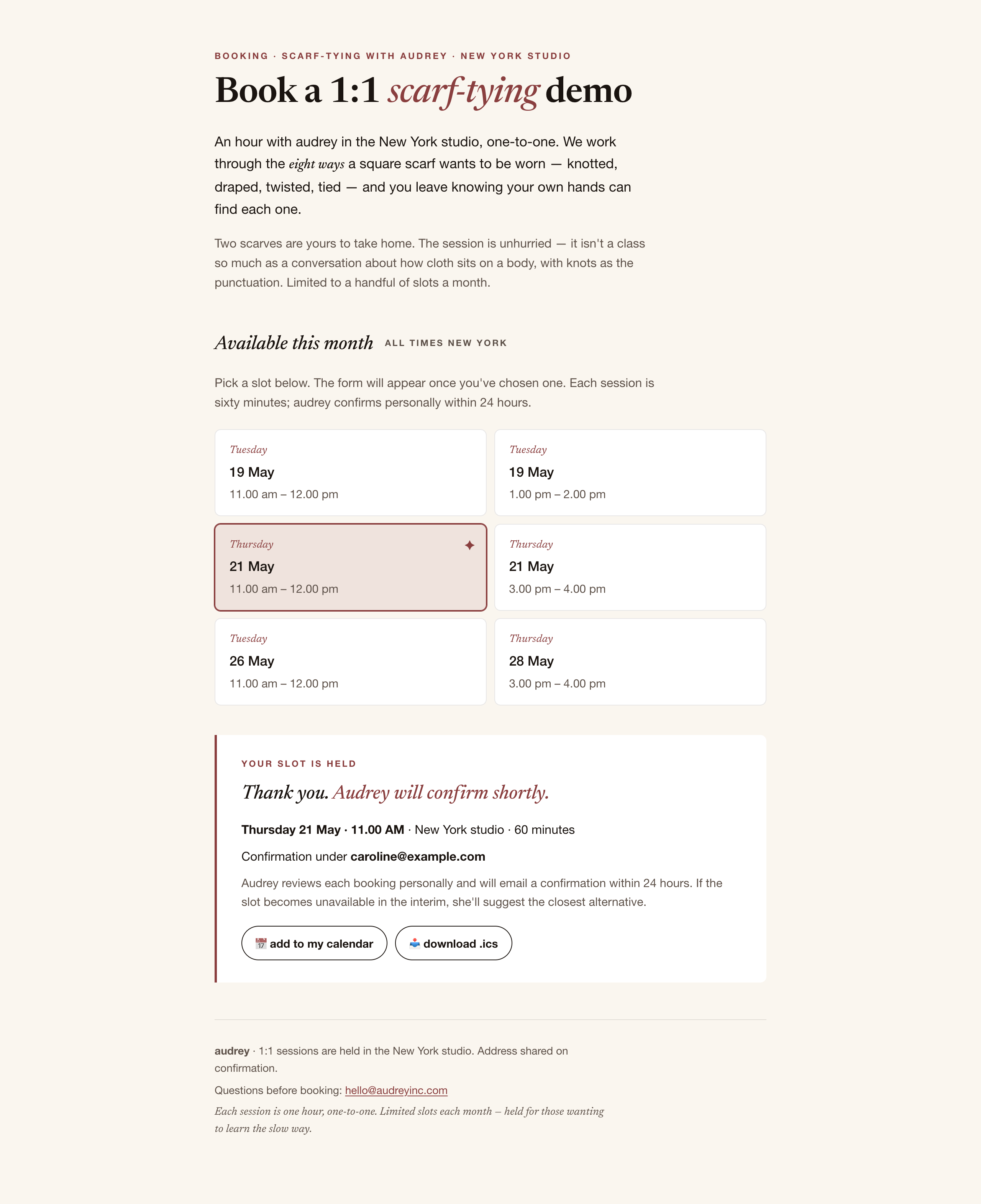 click for full size audrey booking confirmation — slot held