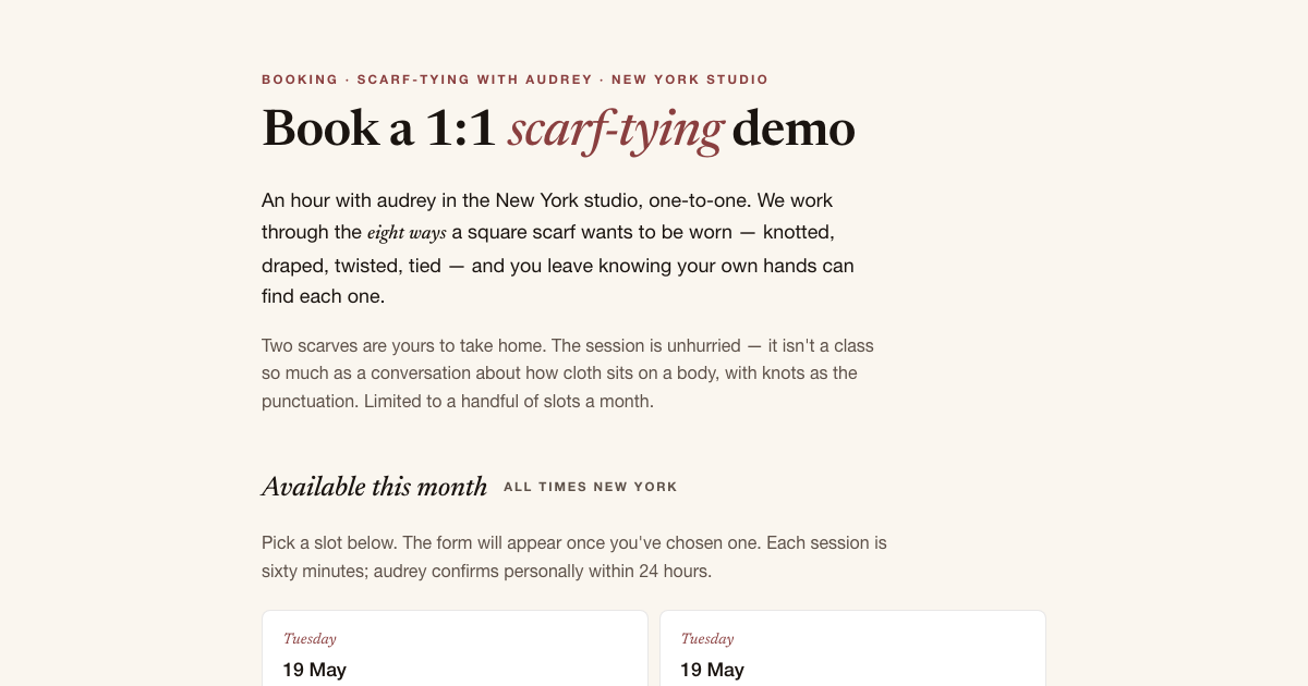 bookings.audreyinc.com — the booking flow now delivers end-to-end